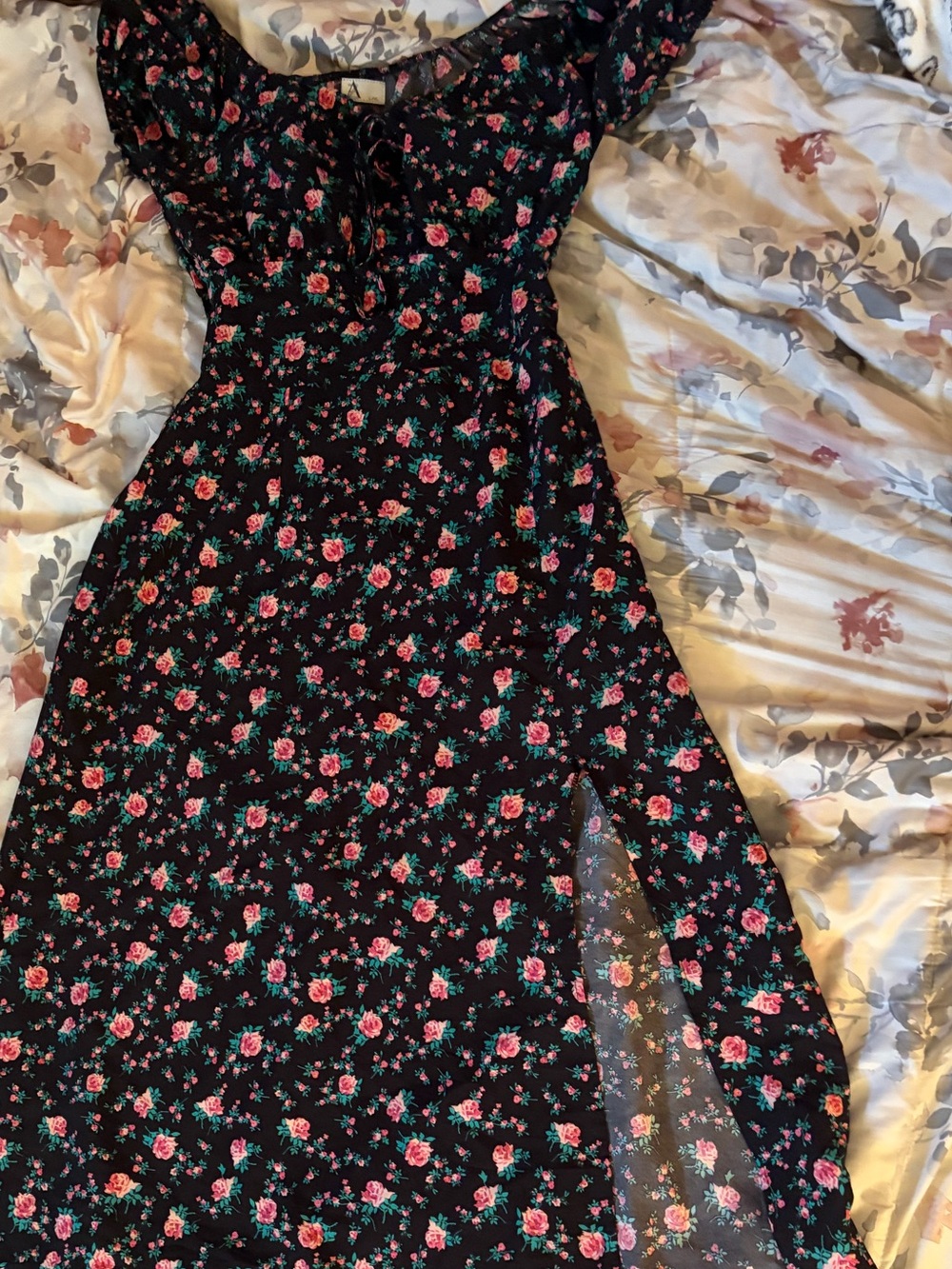Black Floral Maxi Dress with Pink Rose Print